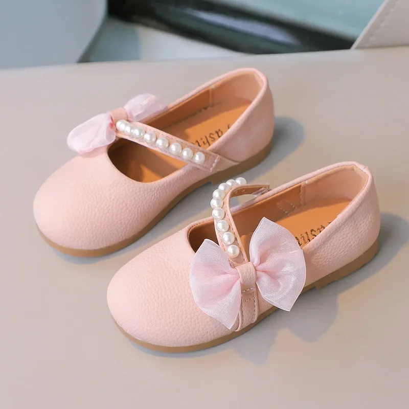 Girls Pearls Leather Shoes for Party Wedding Children Elegant Princess Shoes with Bow-knot Kids Flats Mary Janes Shoes Round-toe