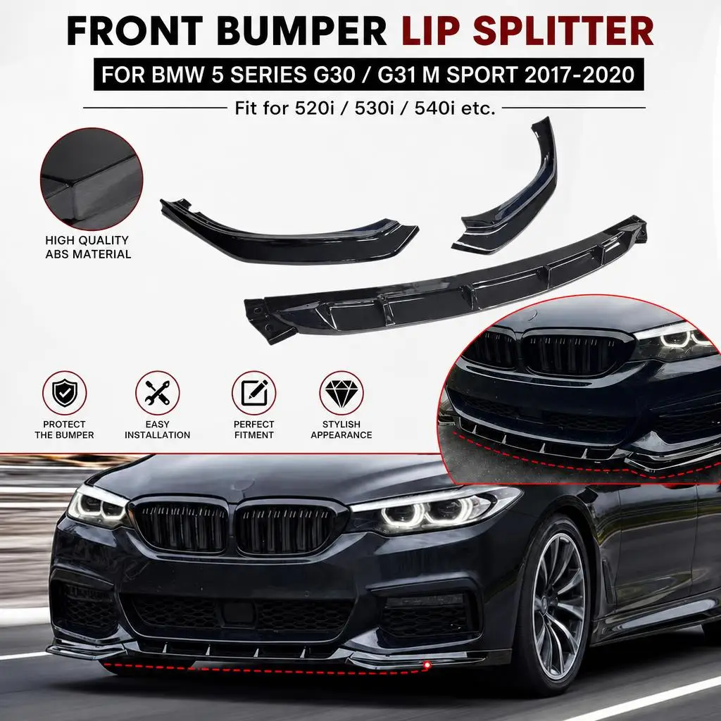 Frontspoilerlippe für BMW 5er Serie G30 G31 M Sport 2017-2020 Schwarzes PP Unteres Stoßstangen-Bodykit 3-teiliges Set