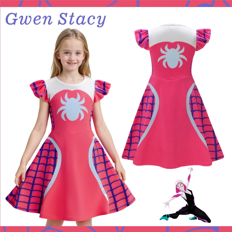 

Girls Summer Purple Spider Web Dress Gwen Stacy Inspired Pink Flying Sleeve Knee Length Outfit Spider-Gwen Cosplay Party Costume