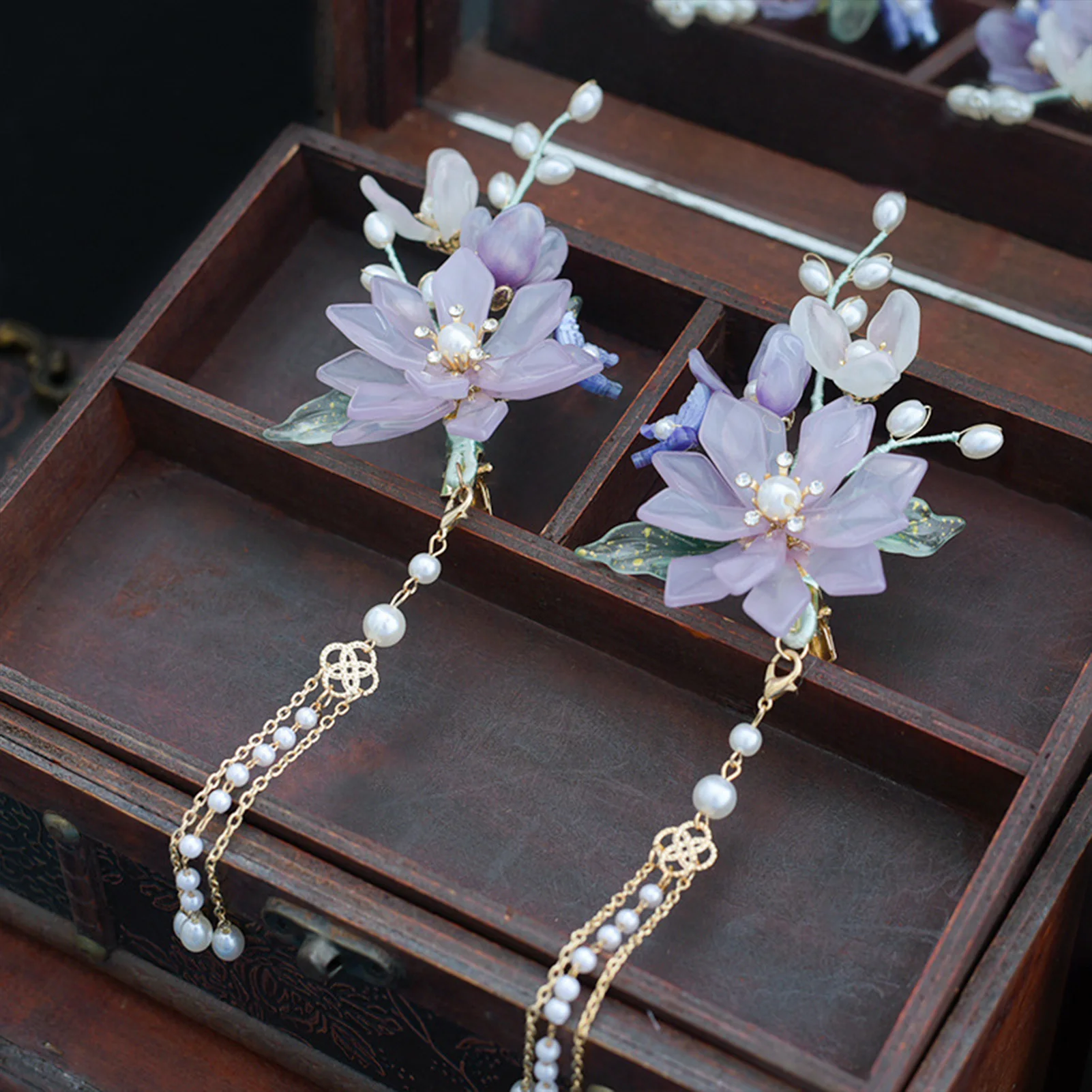 

2pcs Alloy Tassel Hair Clips Pair Light Purple Magnolias Flower Hairpin Set Non Slip Handmade Headdress for Hanfu Women