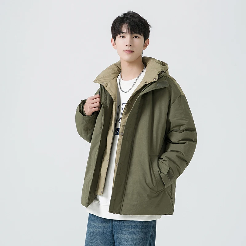 رجل الشتاء سترة منتفخة وهمية قطعتين مقنعين بطة بيضاء أسفل مكافحة البرد زوجين الزي عادية فضفاضة تناسب المألوف شارع العليا