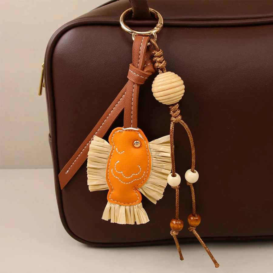 Year after Year, There Is Fish - Small Fish Pendant Keychain, Creative New Year Gift with Good Meaning, Creative Bag Pendant, Car Hanging Ornament Made of Raffia Grass, Small Fish, Wooden Beads, and Woven Rope
