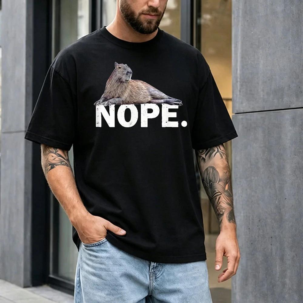 Nope Chill Capybara Lazy Animal Summer Men Cotton T-Shirt Realistic Capybara Minimal Text Casual Graphic Short Sleeve Shirt