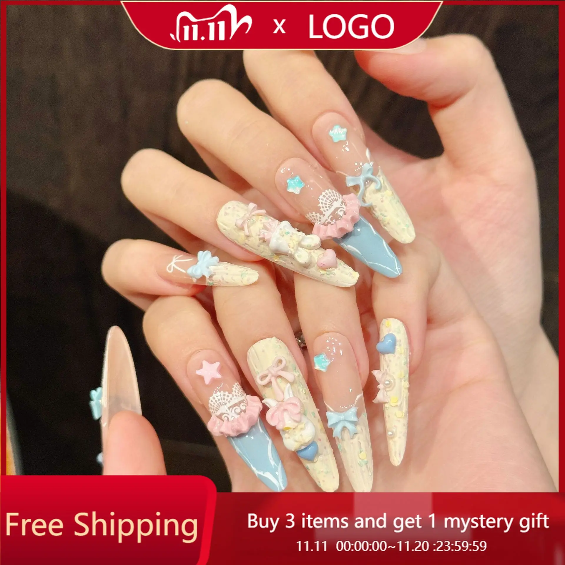 

10pcs Long Handmade Nails with 3D Cute Bears and Rabbits Cartoon-style Press-on Reusable Nail Tips Suitable for Girls To Use