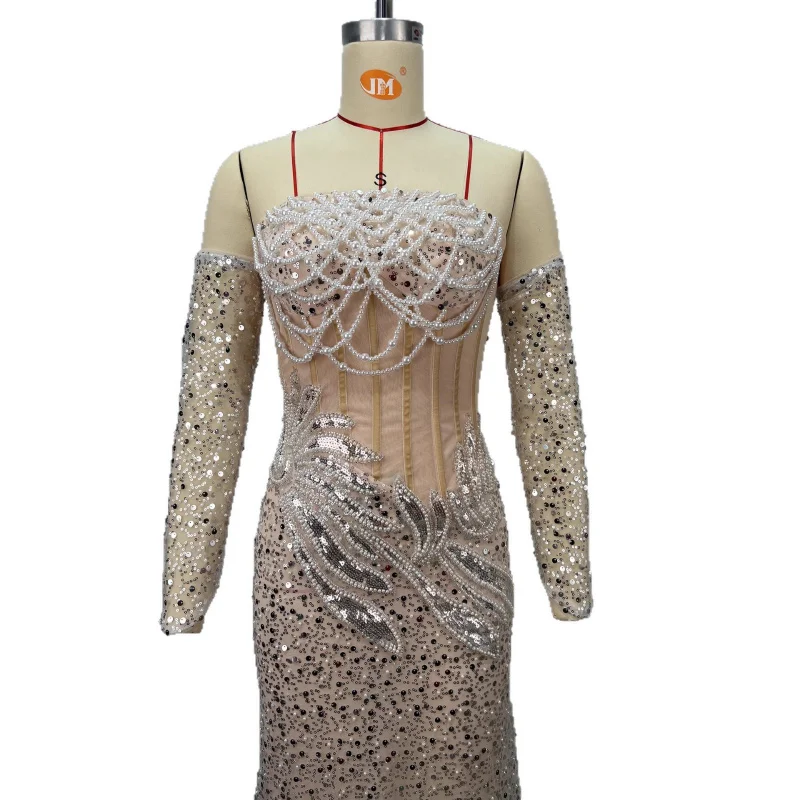Nieuwe aankomst dames strapless zware kralen bodycon hoge taille mesh zeemeermin sexy high-end avondjurk