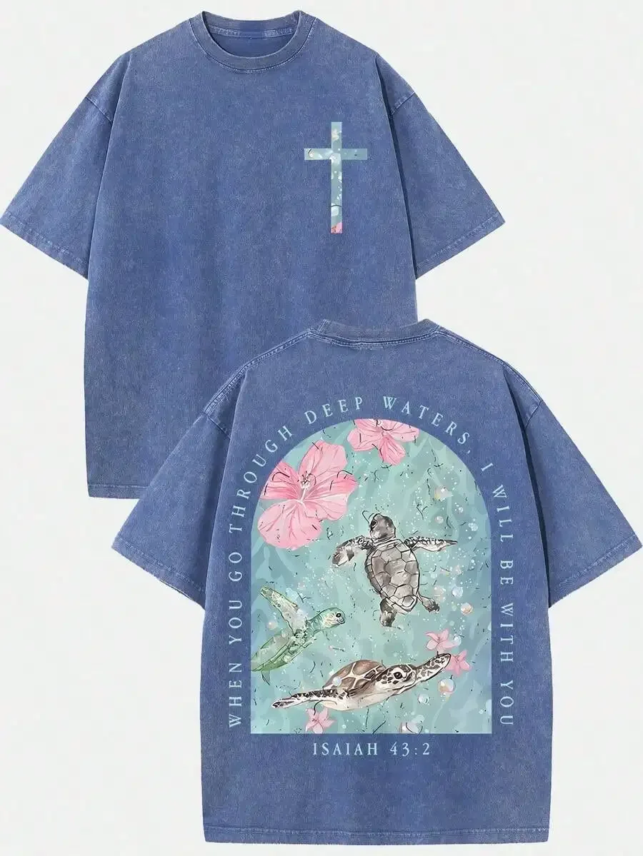 

Loose Washed Cotton Turtle Graphic Tee With Bible Verse Isaiah 43:2 Comfortable Christian Faith T-Shirt