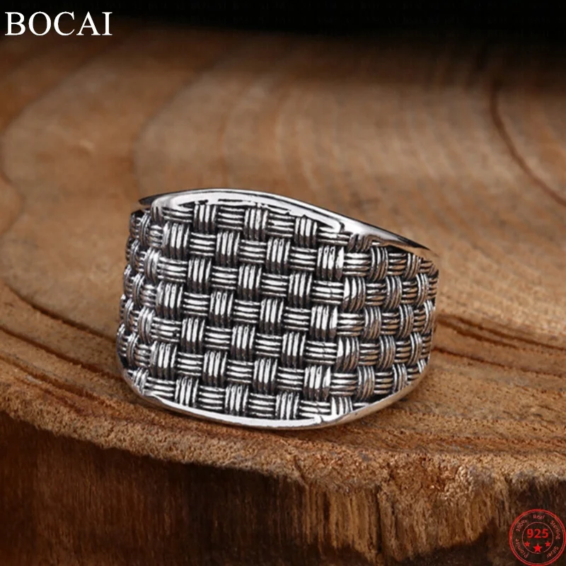 BOCAI S925 Sterling Silver Charms Rings for Men Women Retro Emboss Weaven Pattern Square New Fashion Punk Jewelry