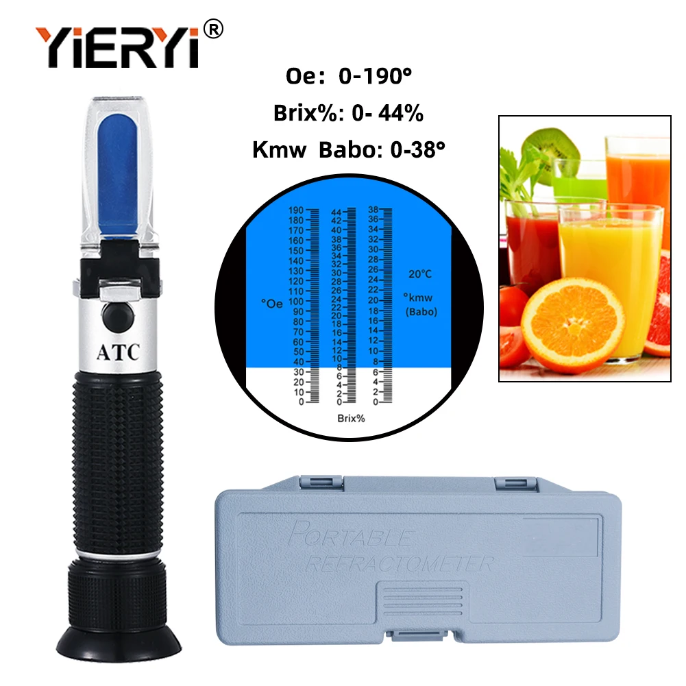 3 in 1 Fruit Juice Brix 0~44% Refractometer Hand Held ATC for Fructose Sucrose Brix °Oechsle（°Oe） and °KMW(Babo) Sugar Tester