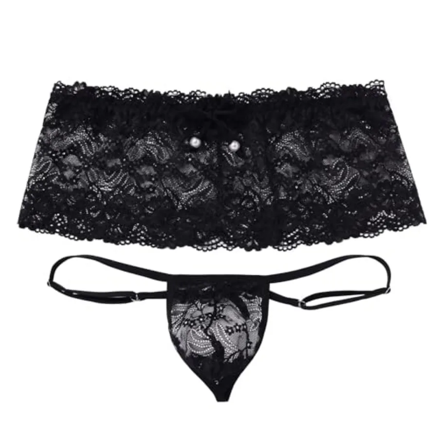 

ABAFIP Men's Sissy Lingerie Low Rise Lace Mesh Sheer Mini Skirt + G-string Panties 2Pc Crossdressing Underwear