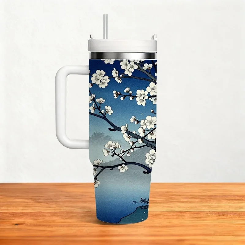 Traditional Japanese Ukiyo-e Style 40oz Stainless Steel Tumbler, Digital Print of Plum Blossoms with Serene Blue Mountain & Water Scenery, Insulated Drink Cup for Daily Outdoor & Office Use
