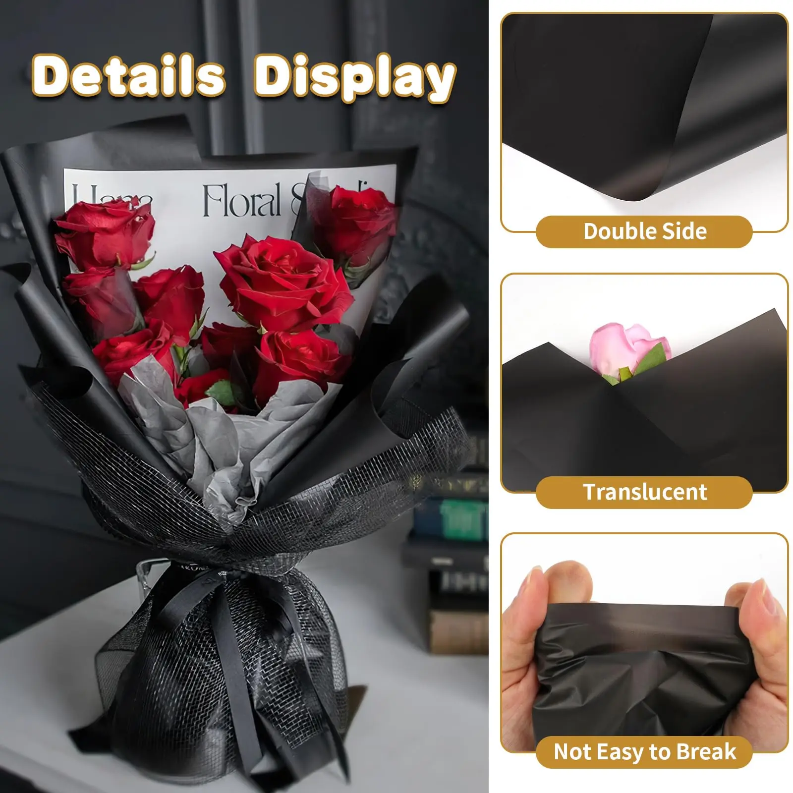 20 Sheets Matte Black Flower Wrapping Paper with Golden Edges, Waterproof Packaging - Perfect for DIY Wedding & Birthday Gifts