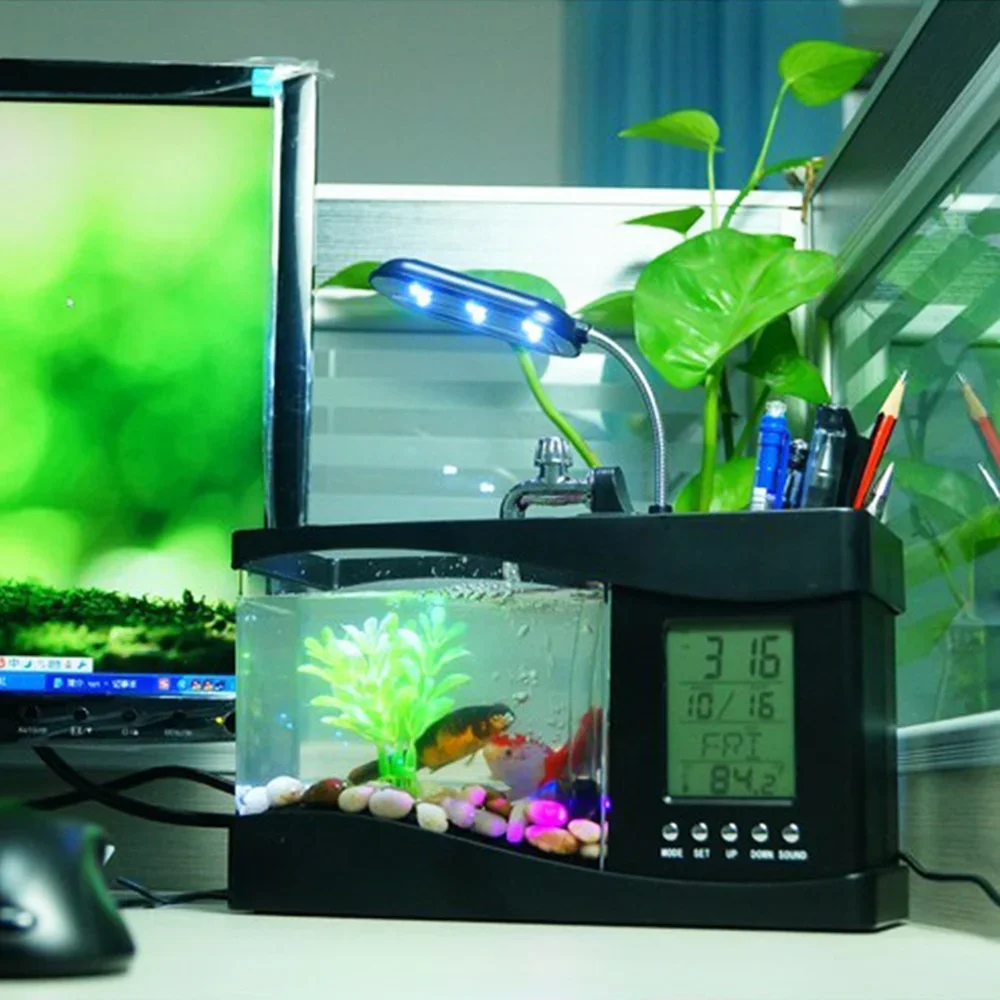 USB LED Aquarium with Clock & Pebbles - Decorative Desktop Fish Tank MJ070306, Small Display Tank for Home & Office