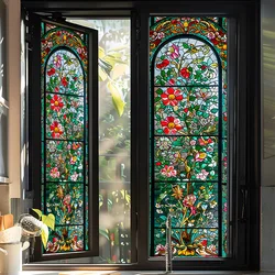 European Retro Luxury Rose Stained Glass Film Flower Pattern Home Decor Privacy Window Film Self-Adhesive Window Stickers