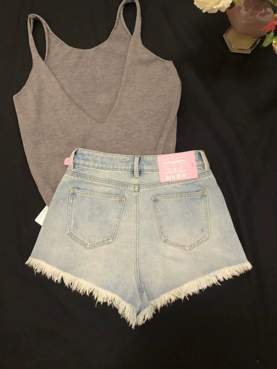 Women's Blue Ripped Denim Shorts 2000s Y2k High Waist Hot Jeans Shorts Harajuku Vintage Tassel Micro Cowboy Short Pants Summer