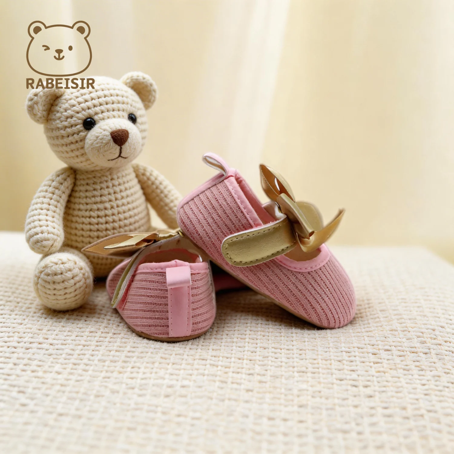 Baby Girls Pink Knit Princess Shoes 0‑18 Months Large Satin Gold Bow Decor Hook&Loop Soft Sole Infant First Walker Shoes