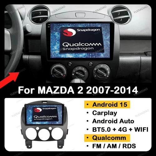 Android 15搭載 Carplay対応 Mazda2 (マツダ2) 2007-2014年式用 マルチメディアステレオ ビデオプレーヤー 4G LTE 5G WIFI