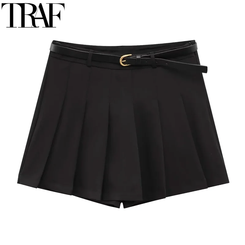 

TRAF Women's Skort Black Skirt Shorts New Pleated Skirt Pants Woman Summer Belt High Waist Skort For Women Ruffled Casual Skirts