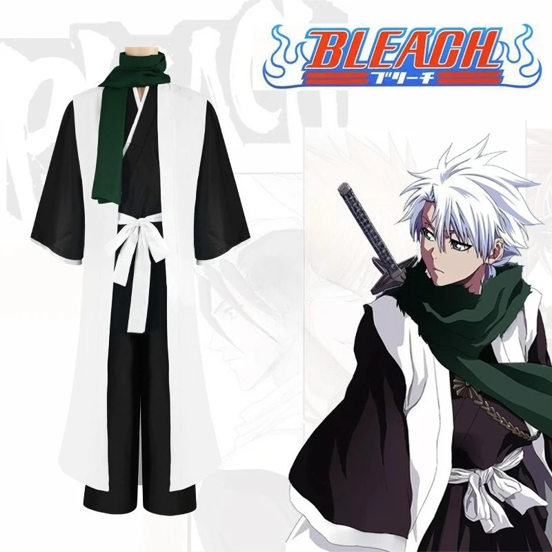 

Anime BLEACH Hitsugaya Toshiro Cosplay Costume Halloween Men Role Play Cool Black Clothes Cloak Belt Pants Scarf Full Set