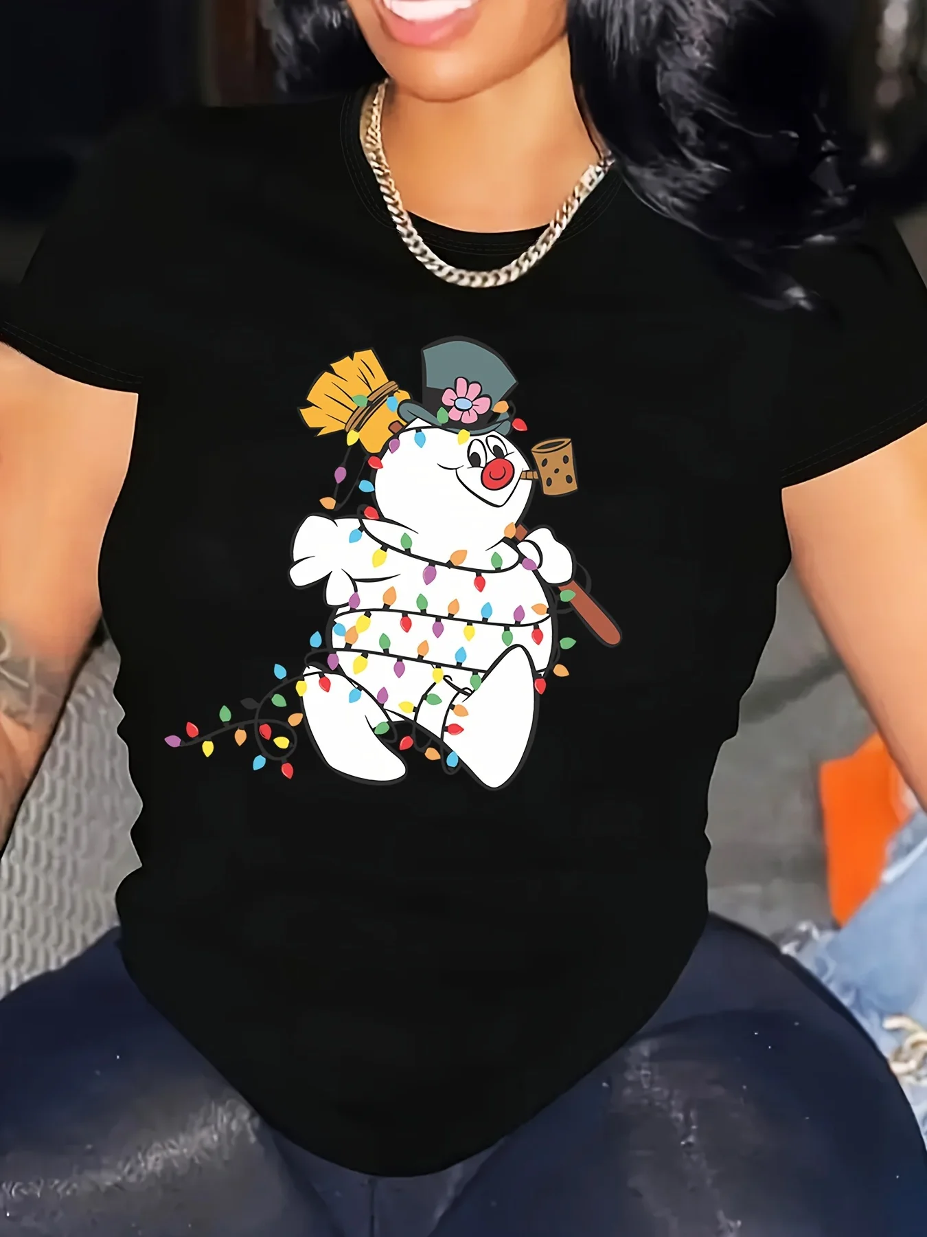 

Women's T-shirt Christmas Snowman Colorful Lights Creative Printing Short Sleeve Tops Summer Casual Round Nec Female Clothing