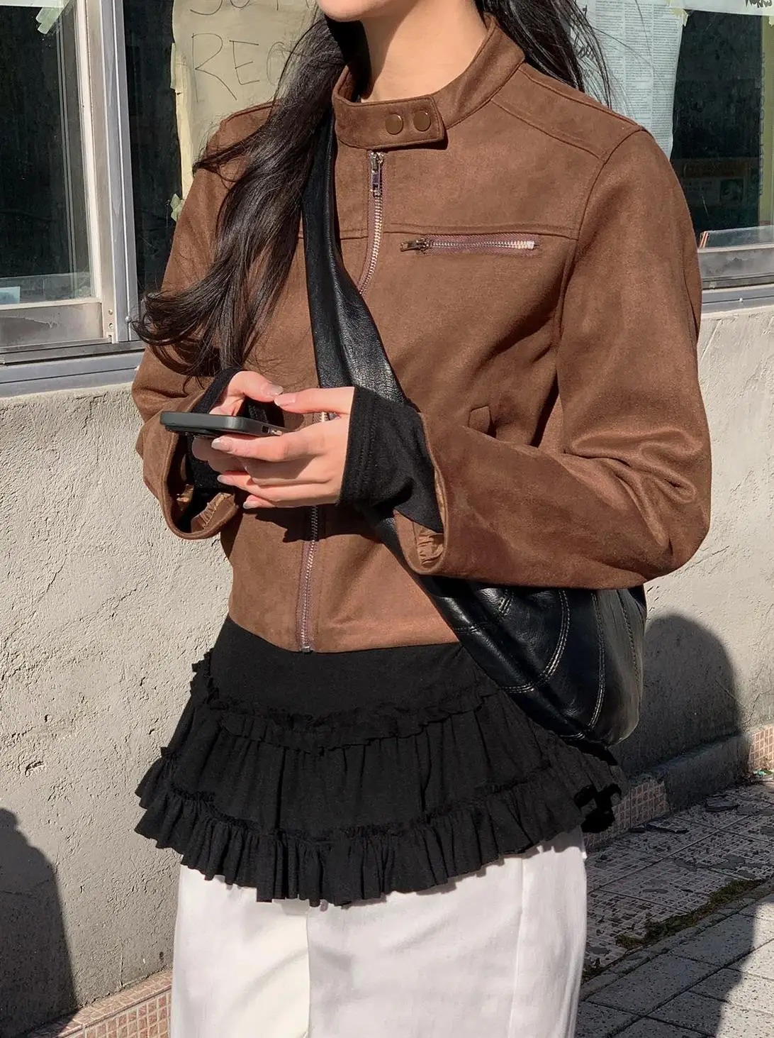 Women's ort Biker Jaet Suede Velvet Stand Collar Zipper Closure Long Sve Casual Sle Autumn Faion Ladies Coat