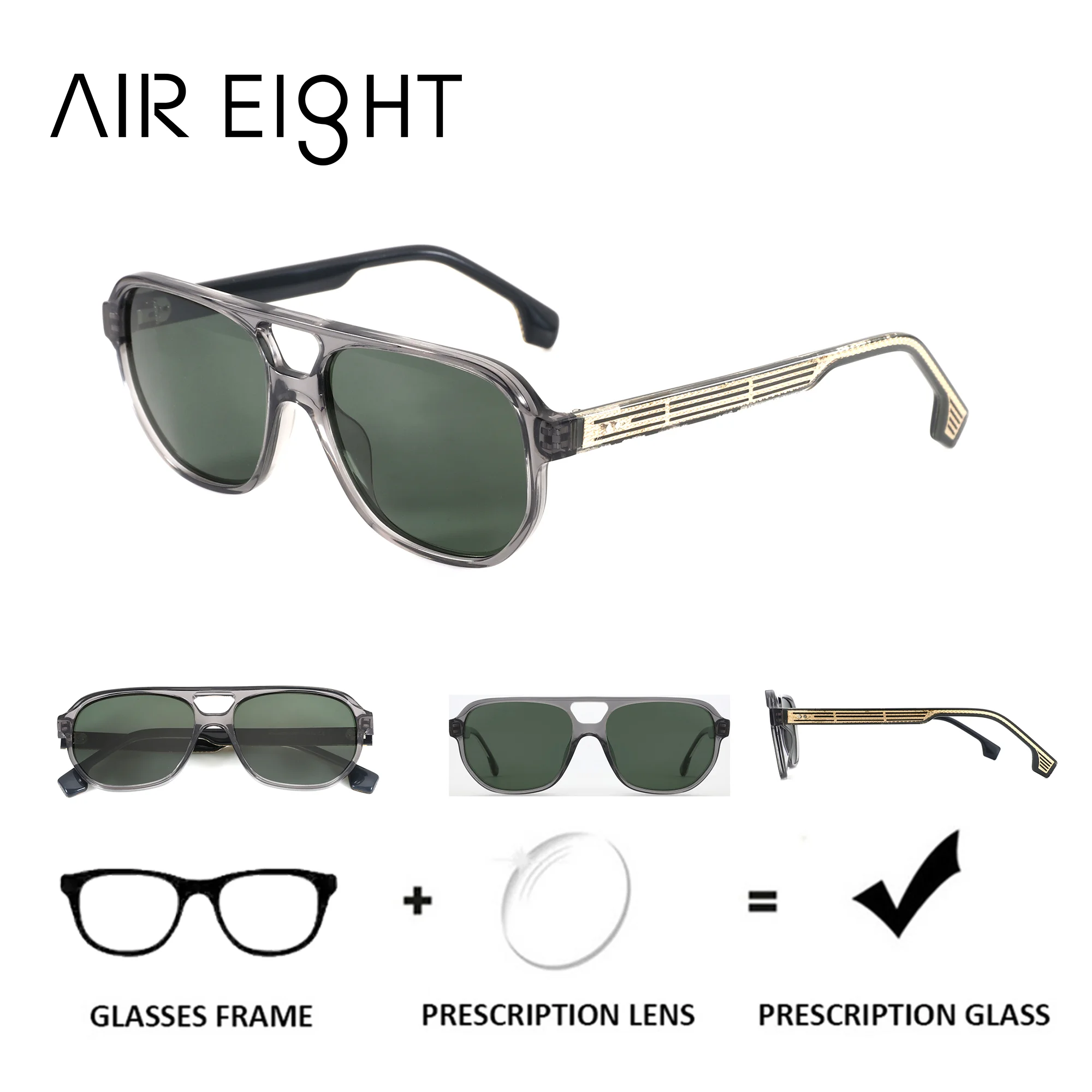 AIREIGHT L Size Acetate Pilot Progressive Polarized Prescription Sunglasses Medical UV400 Male Myopia Optical Glasses