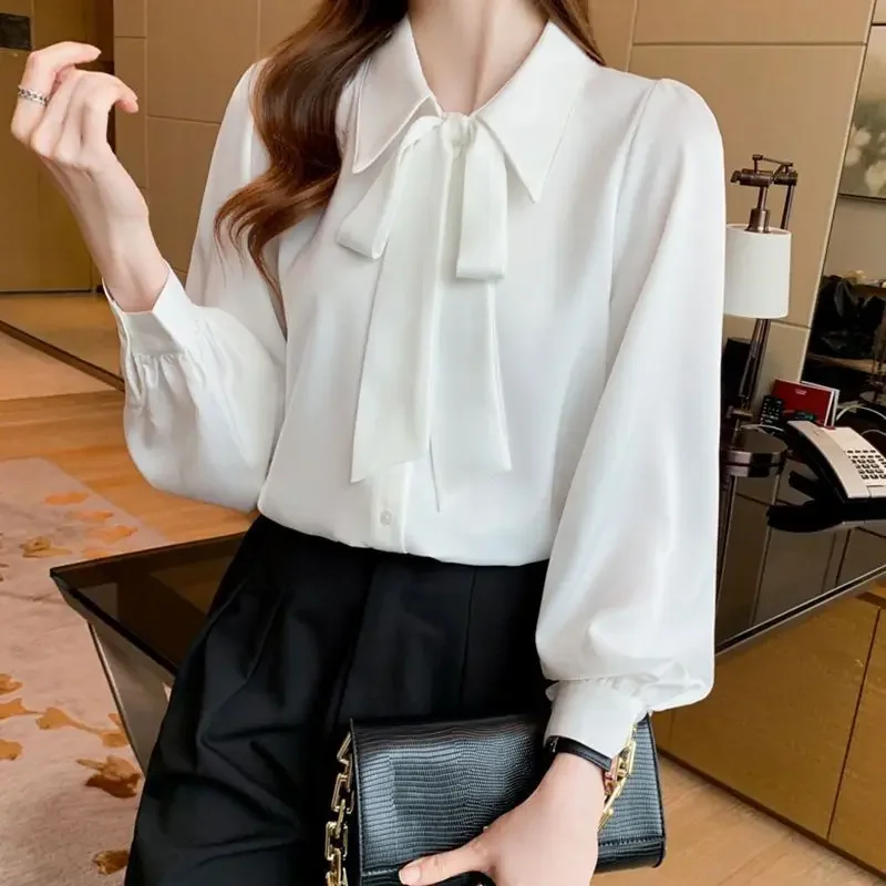 Elegant Fashon Office Lady Shirt Women All Match Chic Loose Casual Bow Turn Down Sleeve Lantern Sleeve Solid Color Top B792