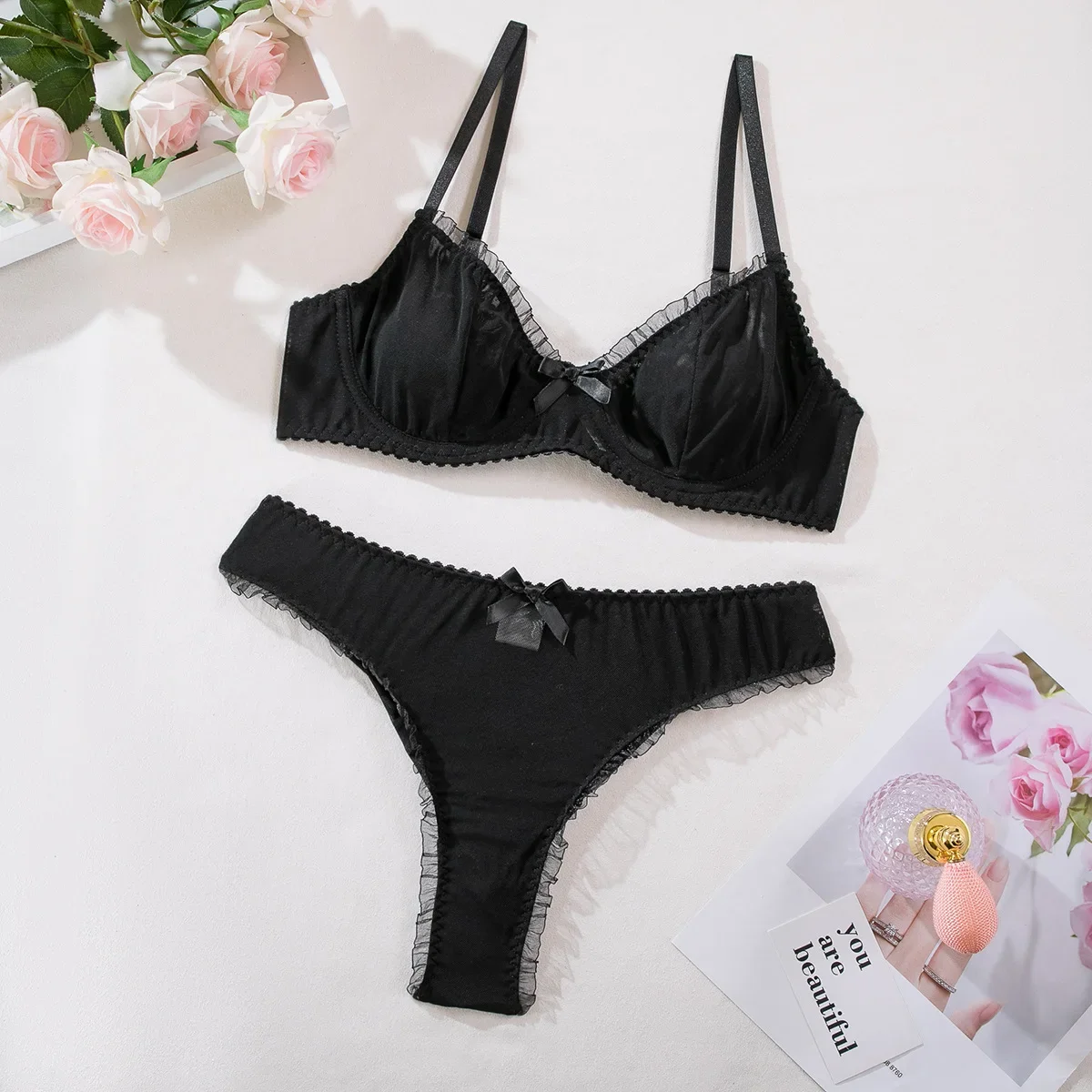

Sexy Basic Mesh Bra with Support Panty Lingerie Set Underwire with Bowknot Wavy Selvedge Decoration