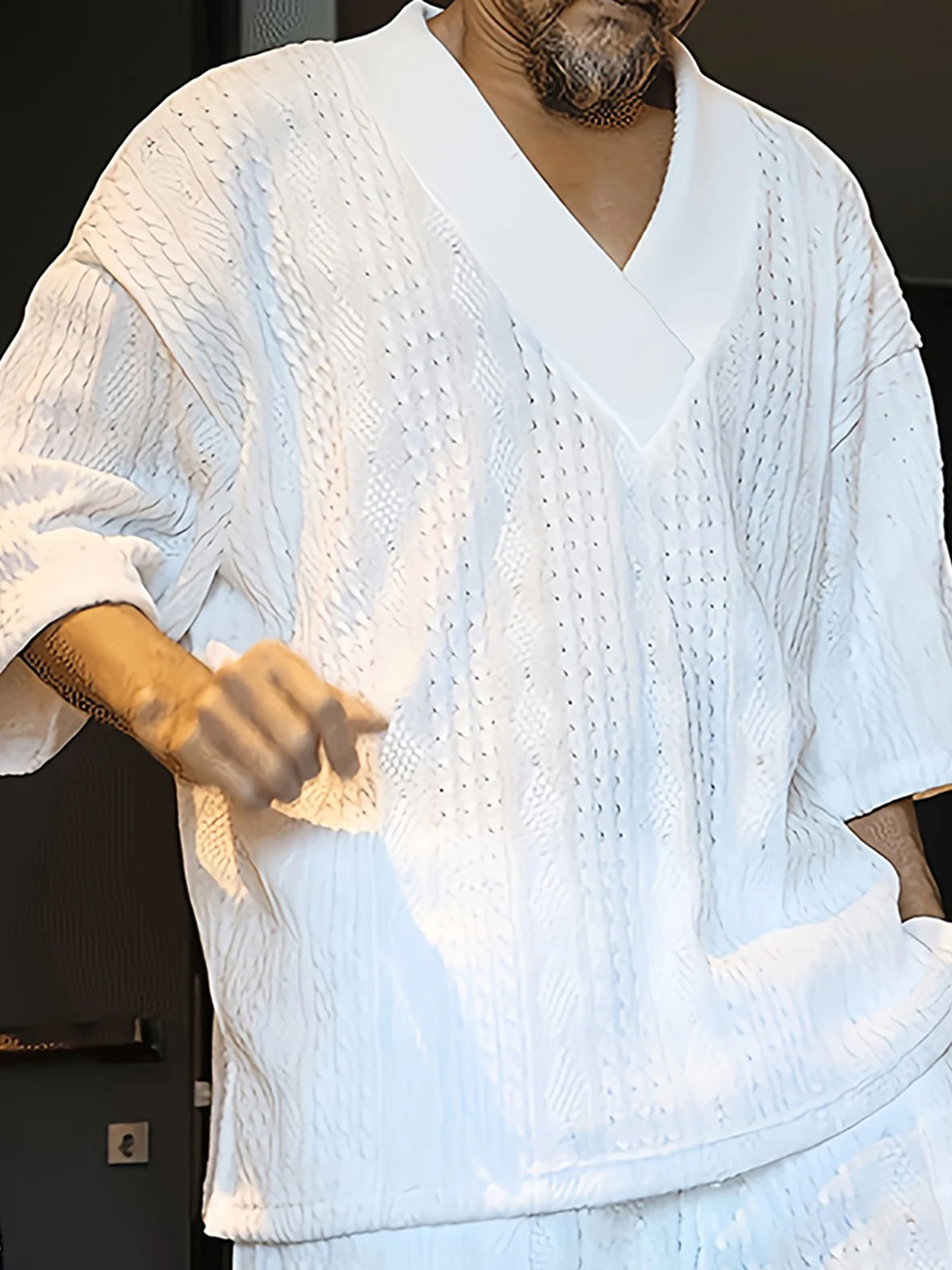 

Plus Size Men Casual White Henley T-Shirts V Neck Solid Breathable Loose Half Sleeve Summer Top Cross Collar Summer Fashion Tees