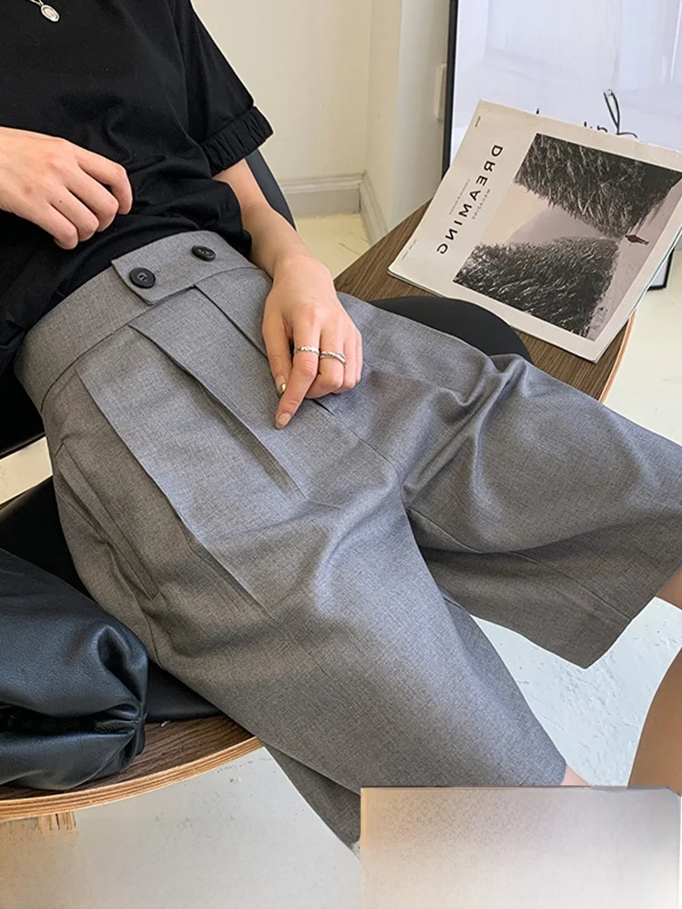 Gray A-Line High Waist Wide Leg Pants Women's Summer Shorts Skirt Pants Commute Style Asymmetric Pocket Detail Casual Trousers