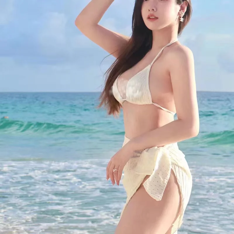 Sexy Bikini 3-Piece Set Pure Desire Wind Backless Shiny Multicolor Women's Swimsuit Cover Up Dress Push Up Quick Dry Hot Spring