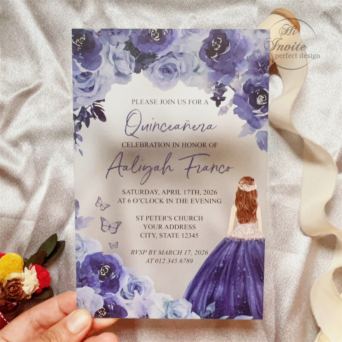 Elegant Sweet 15 Acrylic Invitation, Navy Princess Floral Quinceañera Acrylic Invite, Mis XV Anos Girl Birthday Card