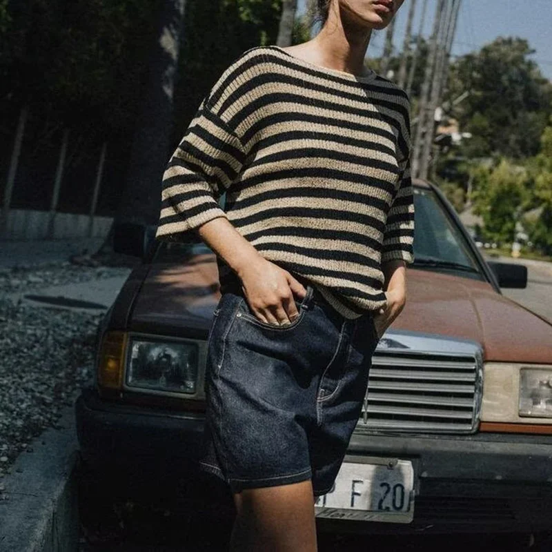 신상 여성용 라운드 넥 롱 슬리브 스트레이트 컷 레이어드 니트 탑 캐주얼 슬리브 가을 컬렉션 패셔너블 소녀용 스트라이프...