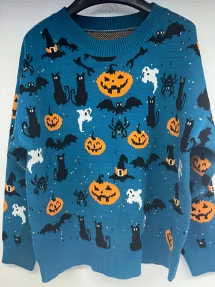 Sweter z dzianiny damski zimowy ciepły wzór dyniowy ducha z długimi rękawami luźny sweter z okrągłym dekoltem na Halloween Goth