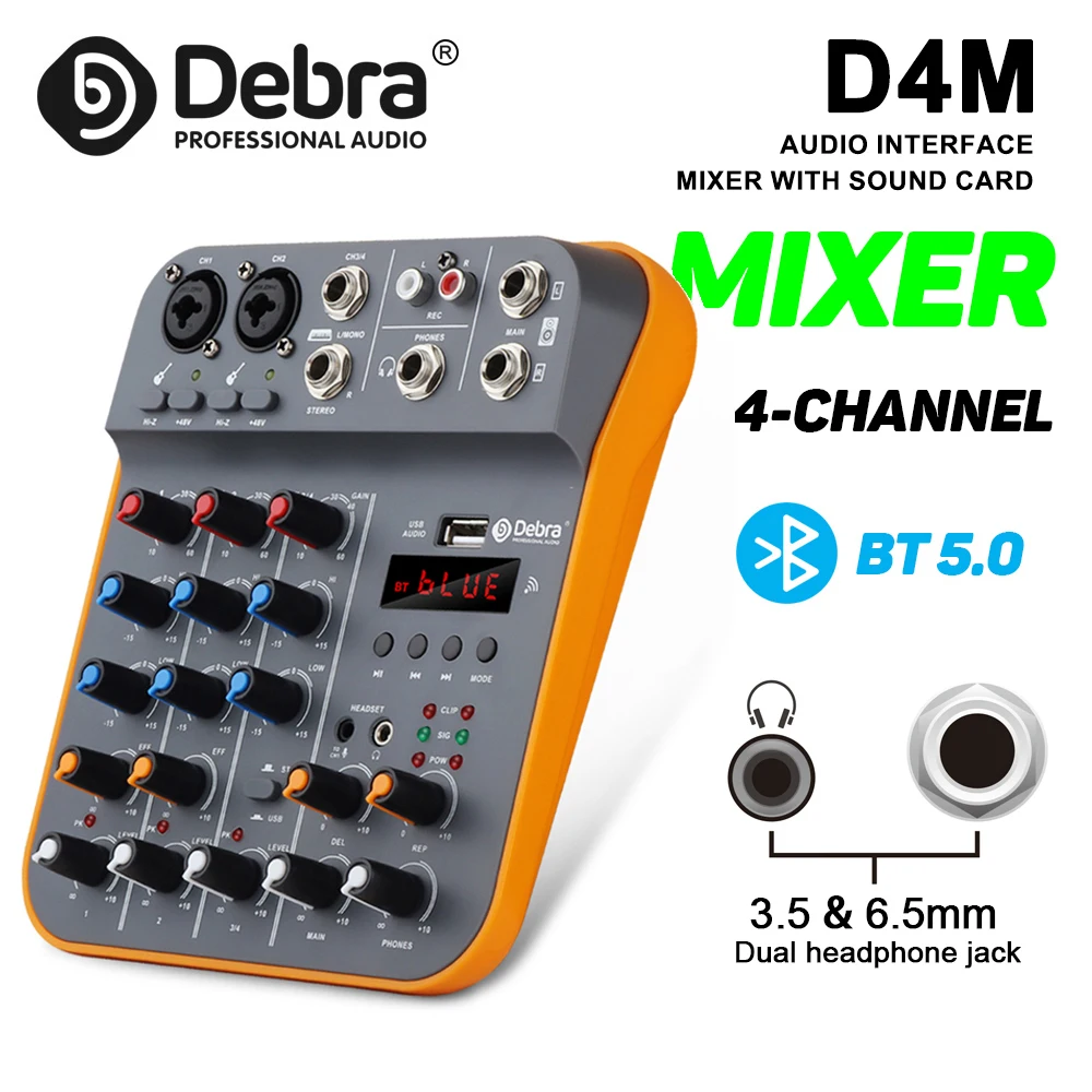 

Debra Audio Mixer, 4-Channel DJ Console with USB Soundcard 48V 5.0 Bluetooth Connection for Live in Studio, Microphone