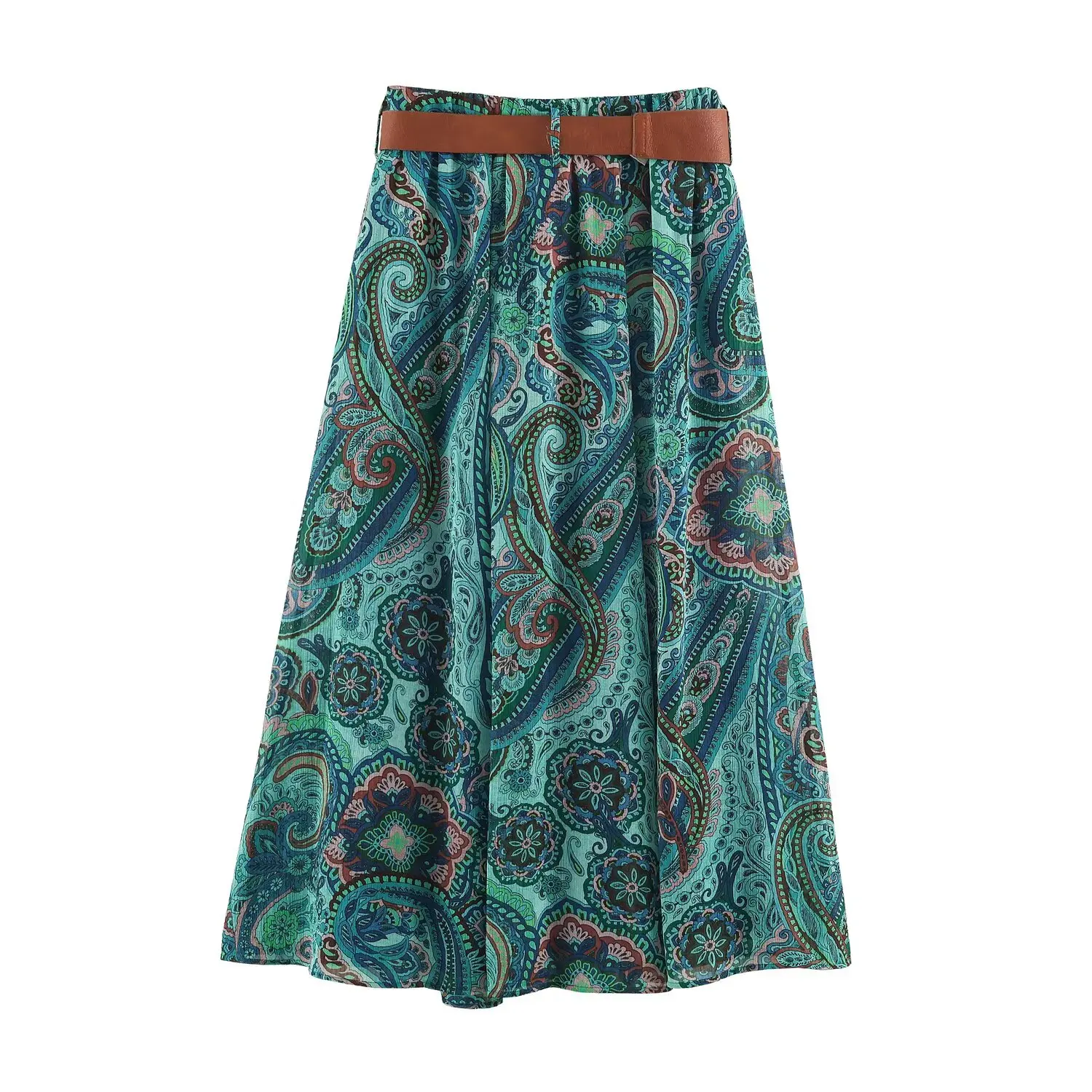 BSAY Boho-Midirock mit Paisley-Print für Damen, elastischer, hoher Bund, A-Linie, langer Rock mit Gürtel, Vintage-Bohemian-Freizeitröcke für den Urlaub – Detail 6