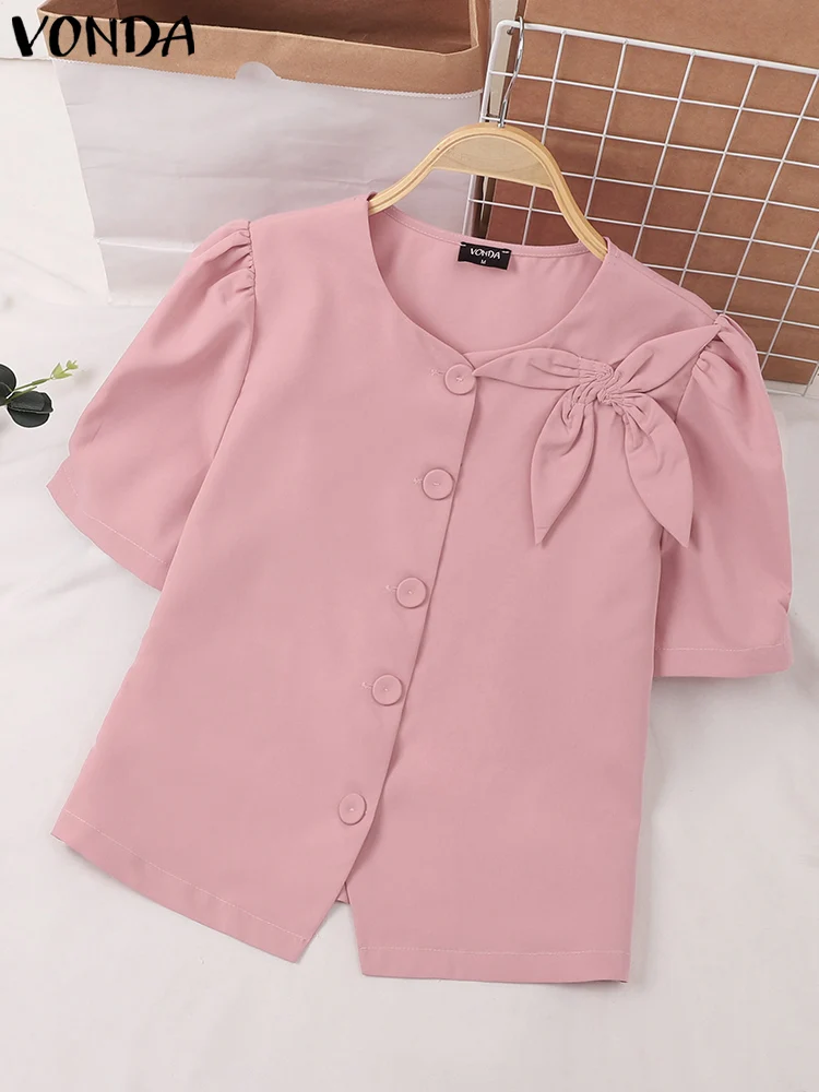 VONDA Elegant Bow Blouses Women Shirts 2024 Summer Fashion Short Sleeve Casual Solid Color Buttons Tunic Tops Blusas Femininas