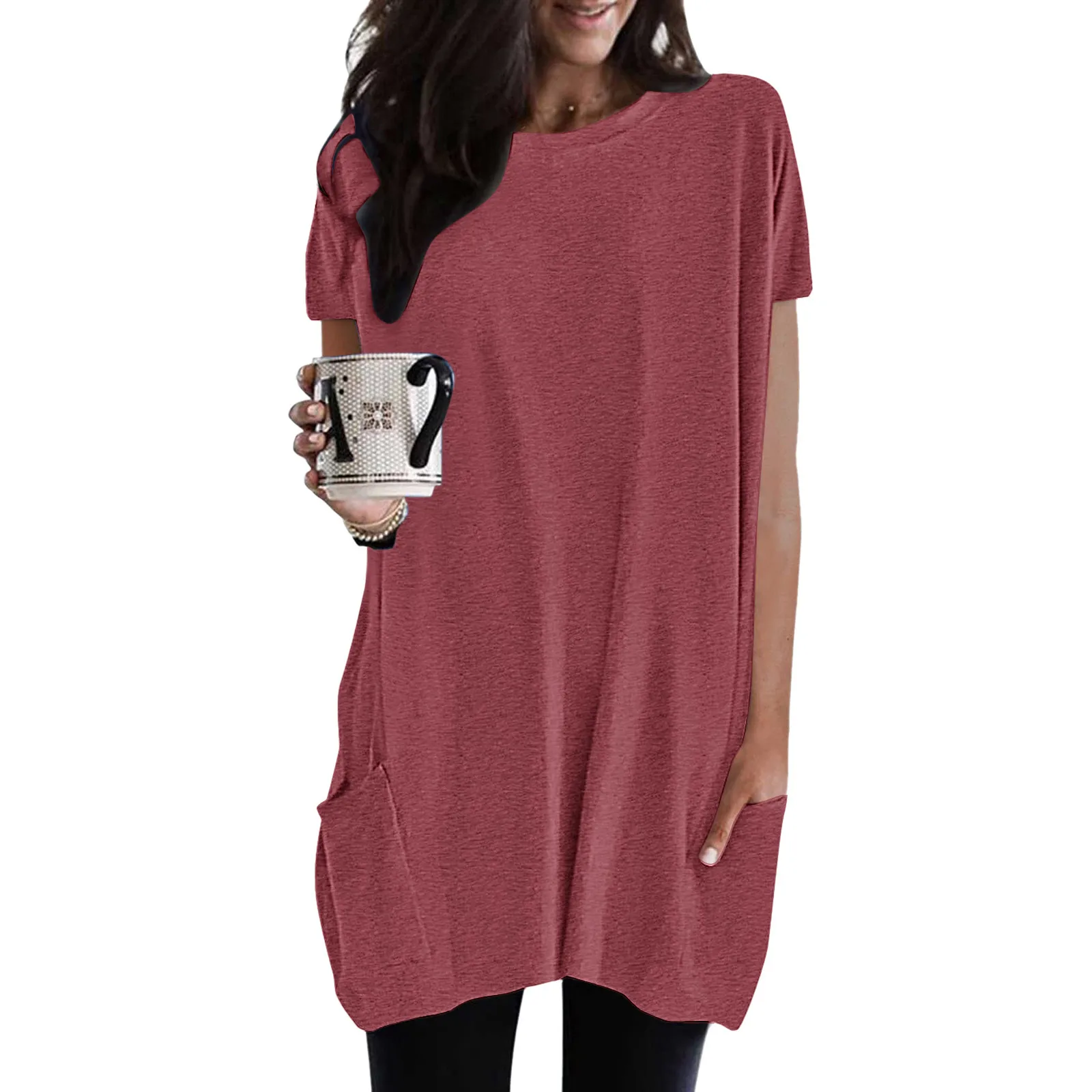 Women Long T-Shirts Summer Casual Solid Loose Pullover Crewneck Shirts Short Sleeve Tunic Tops Blouse With Pockets Lady Pullover