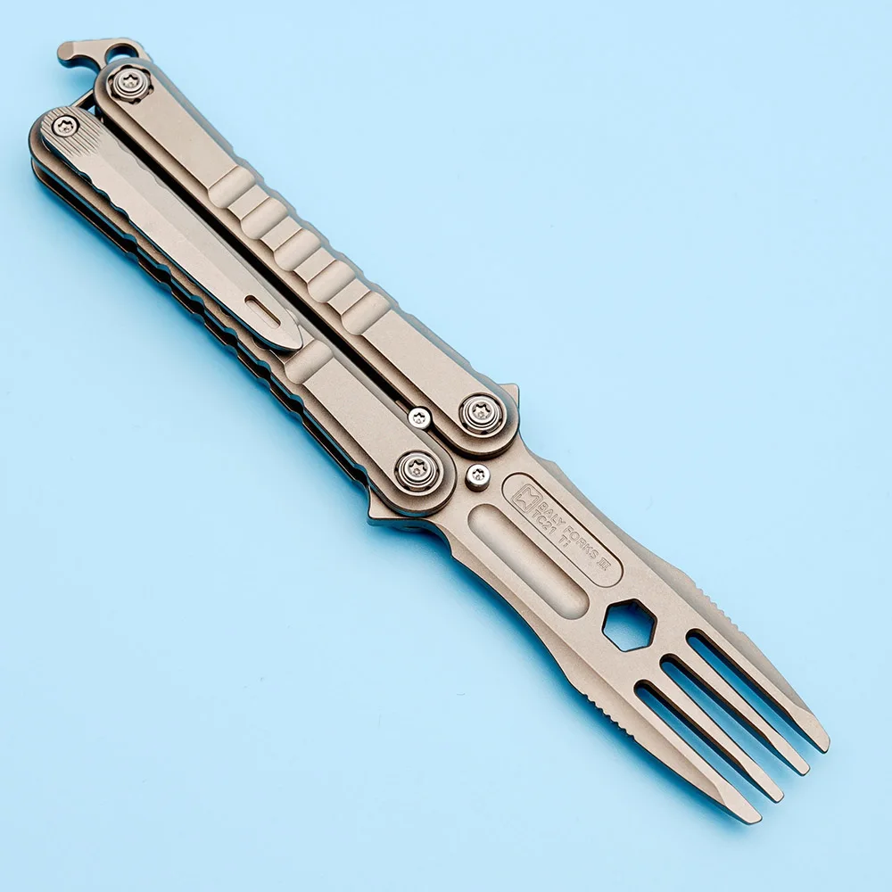 MoyeWorks Balisong BlayForks3.0 Butterfly Knife TC21Titanium Knives Practice Training Bladeless Foldable Survival Beginner Chow