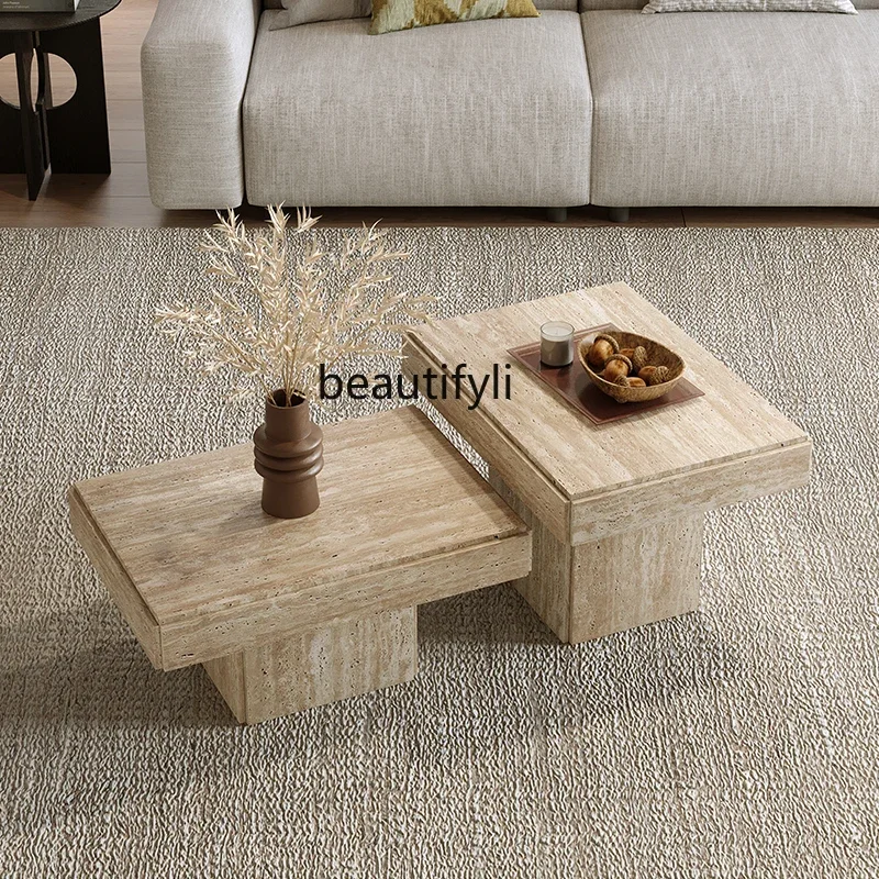 

Wabi Sand Wind Natural Travertine Coffee Table Living Room Home Small Tea Table Villa Light Luxury Combination Coffee Table