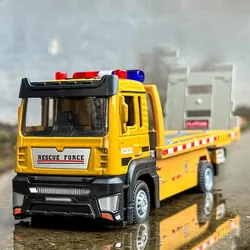1:32 Alloy Diecast Trailer Model Toy Miniature Cars Rubber Tire Engineering Flatbed Truck Sound Light Vehicle Boys Birthday Gift