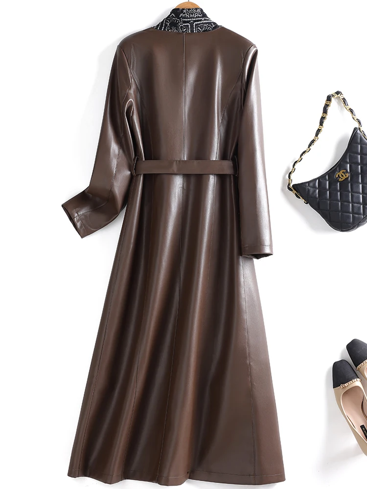 Leather coat women's mid length over knee leather windbreaker jacket tie up waist cinching coat 2025 Spring Autumn new style