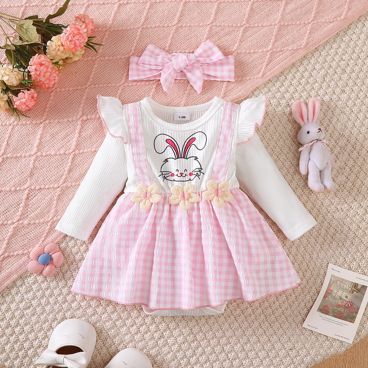 Newborn Baby girl Easter Dress Cartoon Small Rabbit Print plaid Dress+Headband 2Pcs/set for Cute Baby girls 0-18 Months Dress