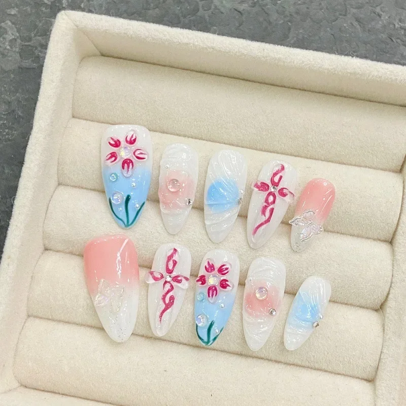 10 pçs cor artesanal imprensa em unhas capa completa flor borboleta design amêndoa unhas falsas glitter verão manicure dicas de unhas arte