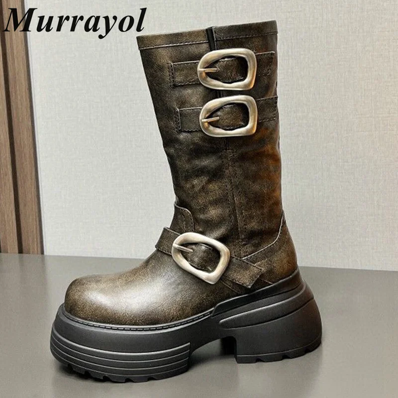 

Genuine Leather Belt Buckle Decor Motorcycle Boots Women Round Toe Thick Bottom Mid-Calf Boots Autumn Winter Retro Runway Boats