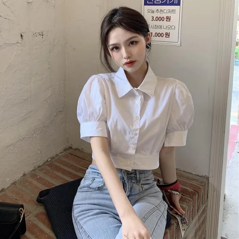 

Women's Shirt Puff Sleeve Sweet Preppy Style Clothes Crops Korean Fashion White Blusas De Mujer Lovely Solid Simple Summer Lady