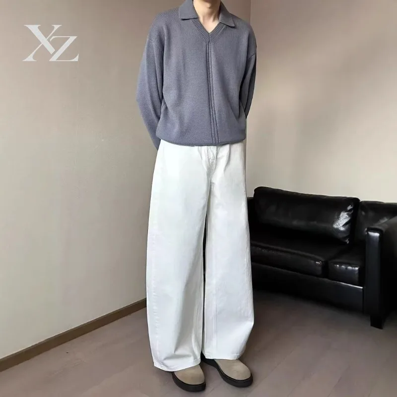 Opening Sale |Men High Waist White Wide Leg Jeans Non Stretch Baggy Length Loose Fit Casual Straight Denim Trousers Daily Street - view 4