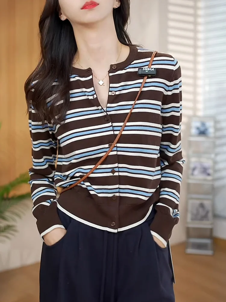 

Slimming Effect Knitted round Ne Top Women's plus Size Inner Wear Korean Sle Striped Casual Long Sve Autumn New Arrival