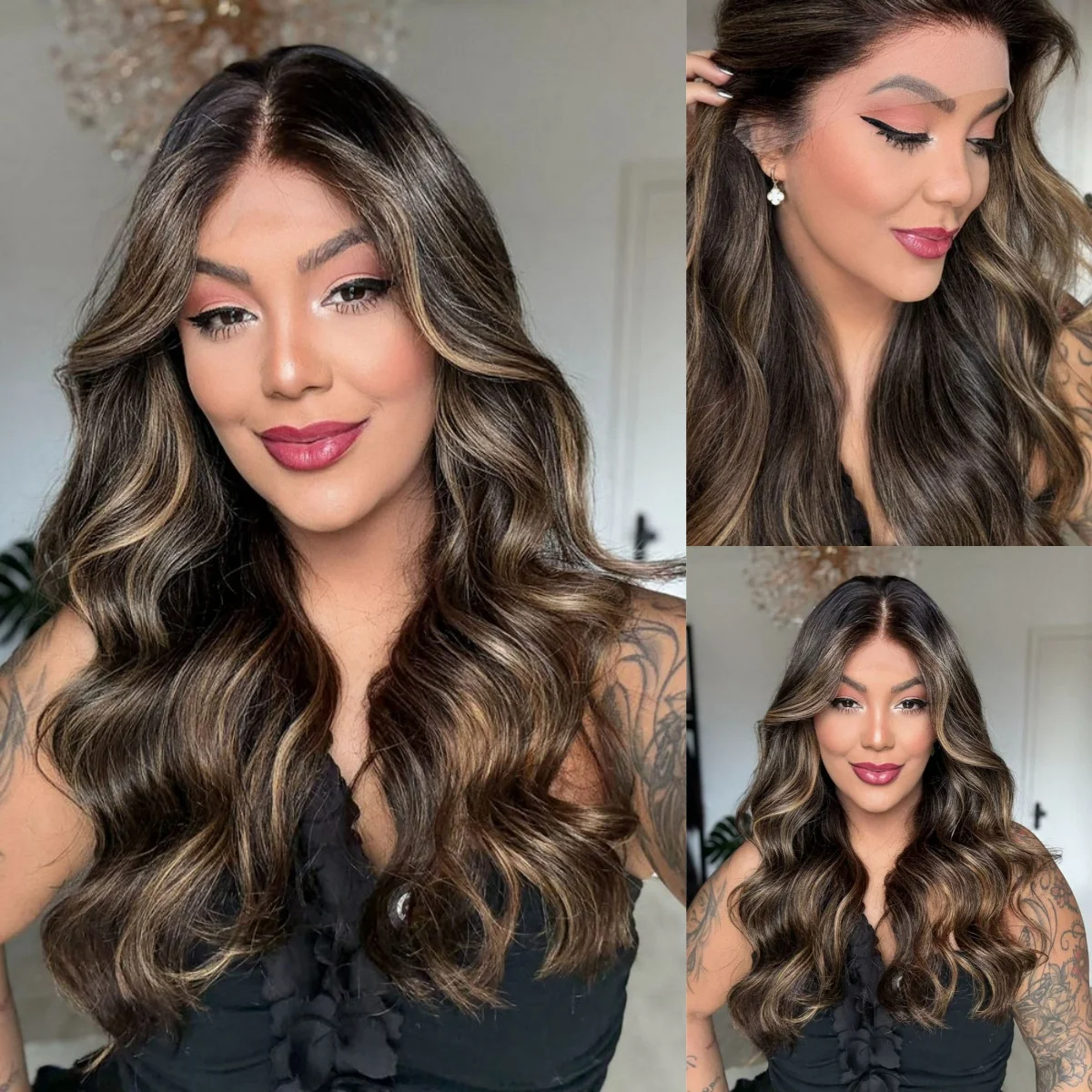 

Body Wave Highlight Blonde Brown HD Transparent Lace Front Synthetic Wig 180% High Density Premium Synthetic Fiber For Women