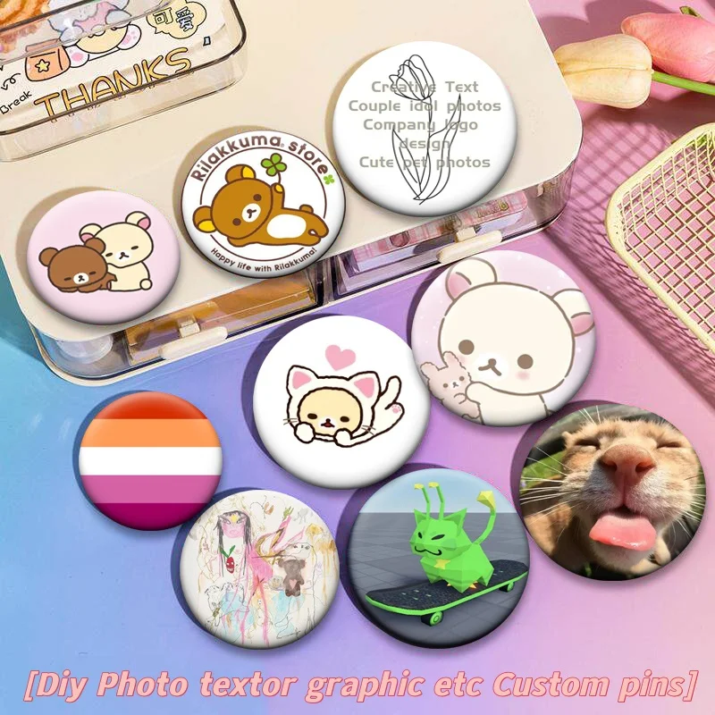 

Round Diy Custom Badge Free Design Customize Pins Friend Star Pets Anime Photo Professional Production Brooches Bag Accessories