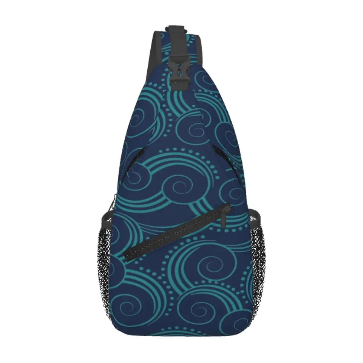 

Navy And Teal Ocean Swirls Chest Bag Holiday With Zipper Mesh Bag Daily Cross chest bag Customizable